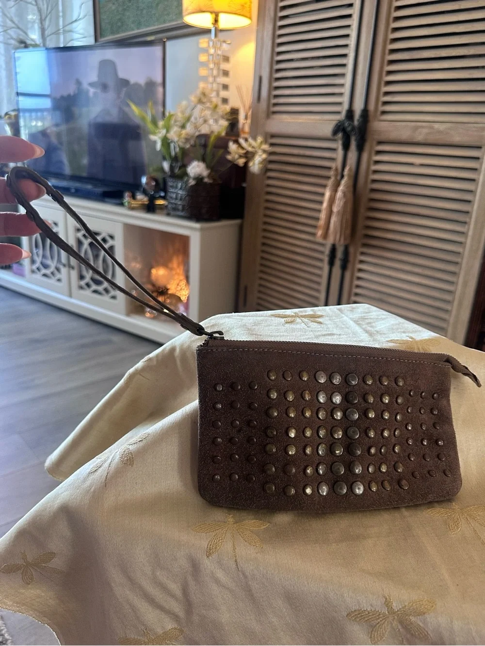 Prune, Handmade in Argentina Brown & Tan Suede & Stud Wristlet Wallet / Bag.